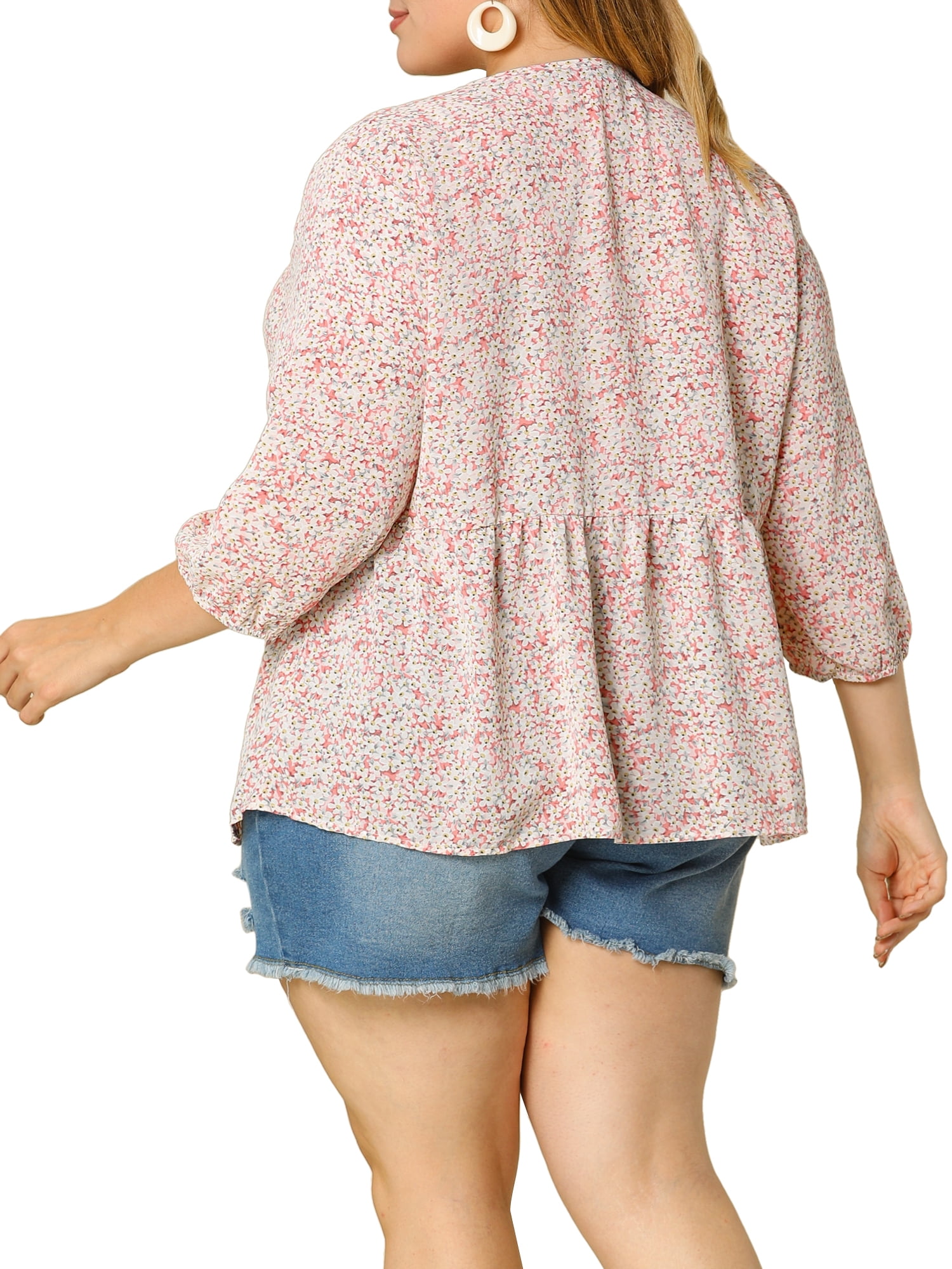 Unique Bargains Juniors' Plus Size Tops Floral Ruffle Flowy Peplum Top Pink 3X