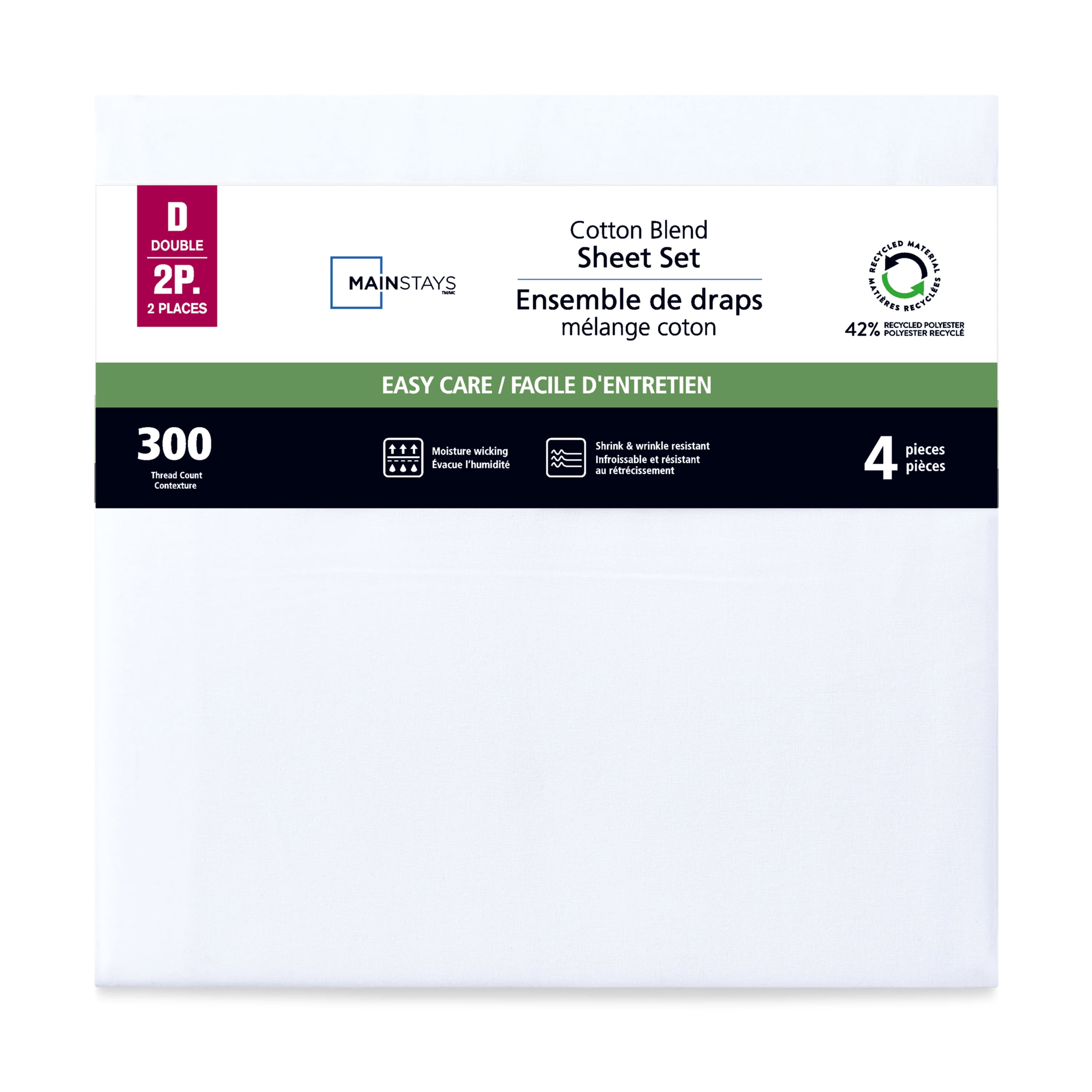 Mainstays 4-Piece 300 Thread Count White- CVC Cotton Blend Bed Sheet Set, Double (Adult), Double Sheet Set