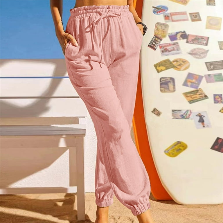 Womens Lounge Pants Cotton Linen Elastic Hem Drawstring Waist Summer Spring  Casual Slacks Solid Color Trousers