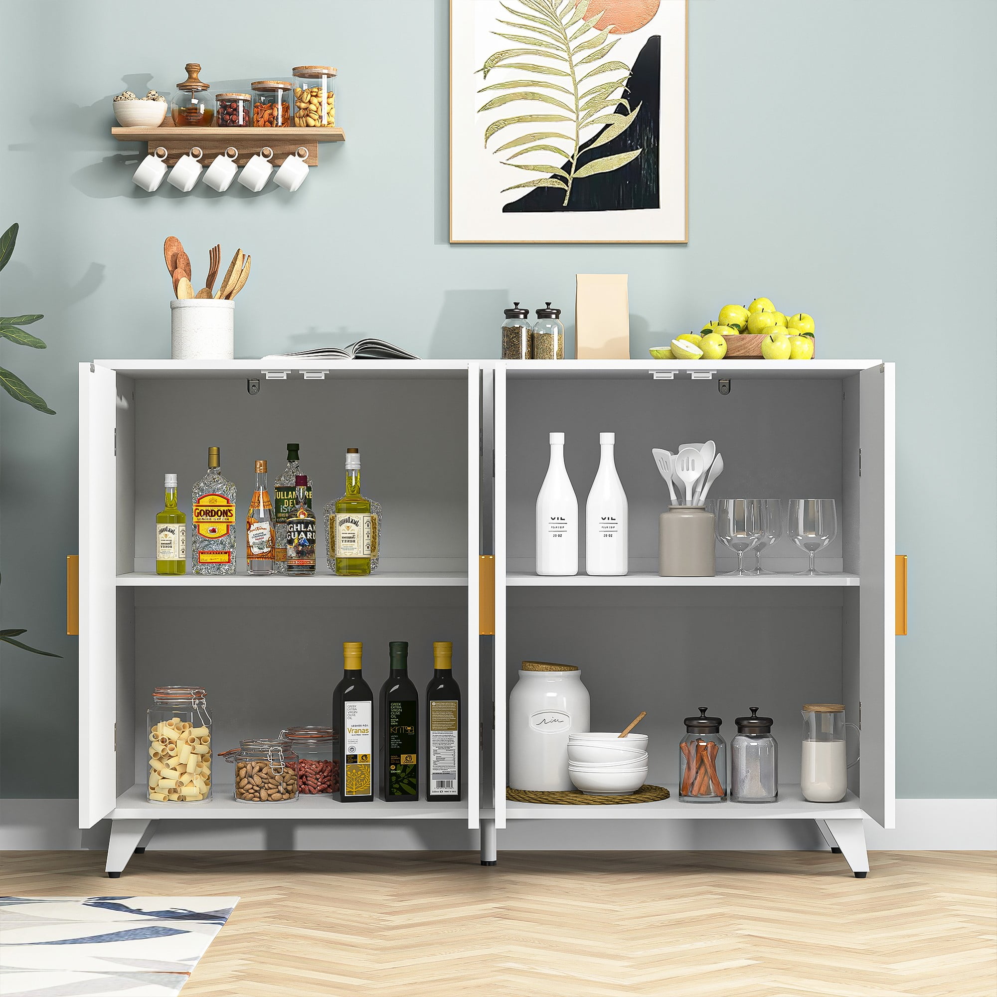 Finihen Sideboard Buffet Cabinet with 4 Doors, Removable Shelves, for Living room, Dining room, Entryway, White
