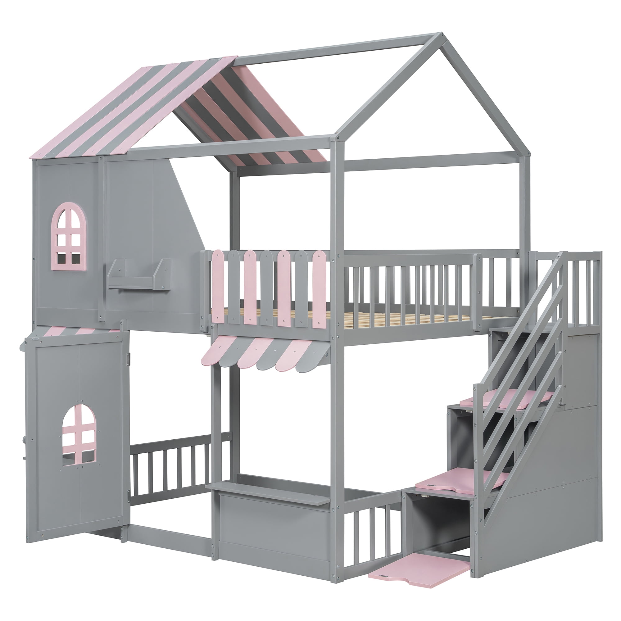 Leumius Full Over Full House Bunk Bed with Storage Staircase & Shelves, Wooden Kids Bunk Bed Frame with Playhouse Design, Roof & Door, Storage Steps and Open Shelving for Boys Girls Gray+Pink
