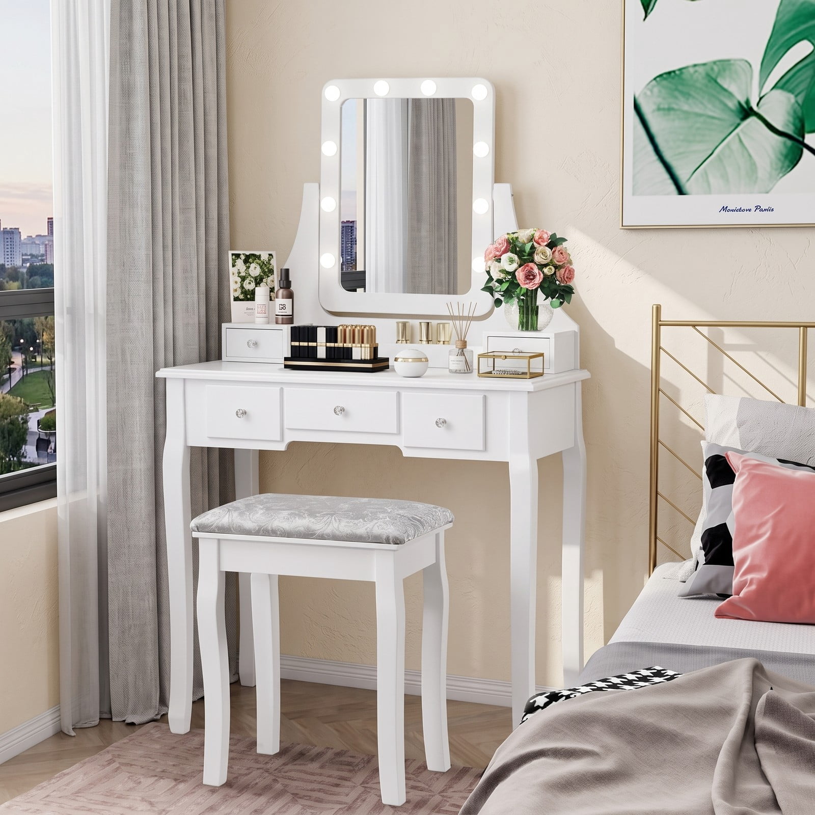Furnibear Vanity Dressing Table Set with 10 Dimmable Bulbs and Cushioned Stool, 5 Drawers, Rotating Makeup Mirror for Bedroom, White