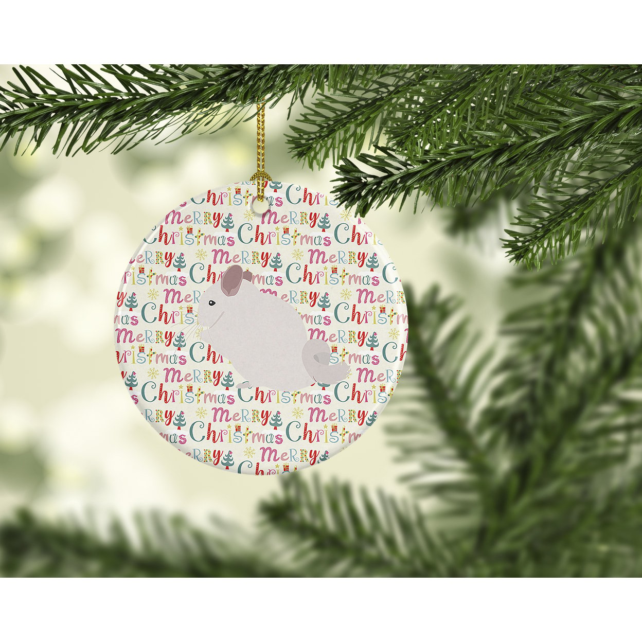 Pink and White Chinchilla Christmas Ceramic Ornament 2.8 in x 2.8 in