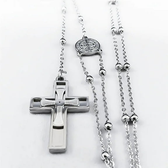Cross Rosary Catholic Multilayer Necklace Saint Benedict Medal Beads 14K White Gold Long Necklaces Jewelry