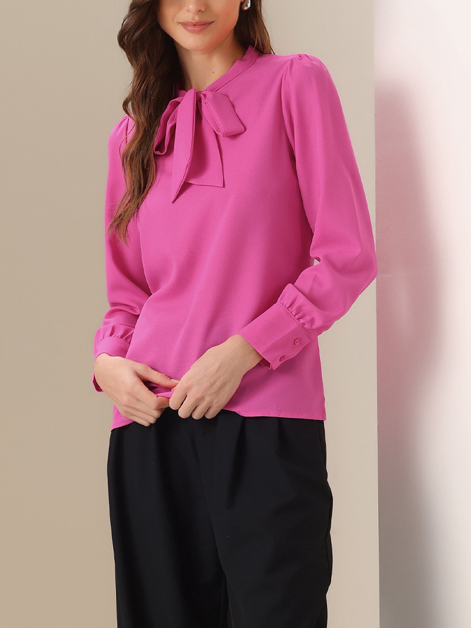 DARING DIVA Women's Bow Tie Neck Tops Long Sleeve Business Work Blouse L Hot Pink