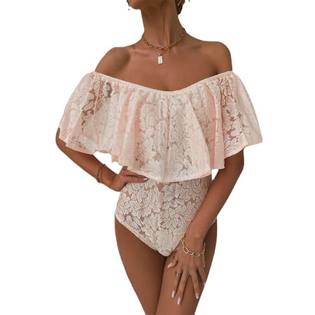 

YCCOTO Womens Off Shoulder Lingerie Ruffle One Piece Underwear Comfy Bodysuit Nightwear Lace Sleepwear