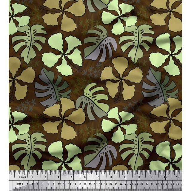 Soimoi Tissu Crêpe Polyester Imprimé Floral & Monstera au Mètre 42 Pouces de Large