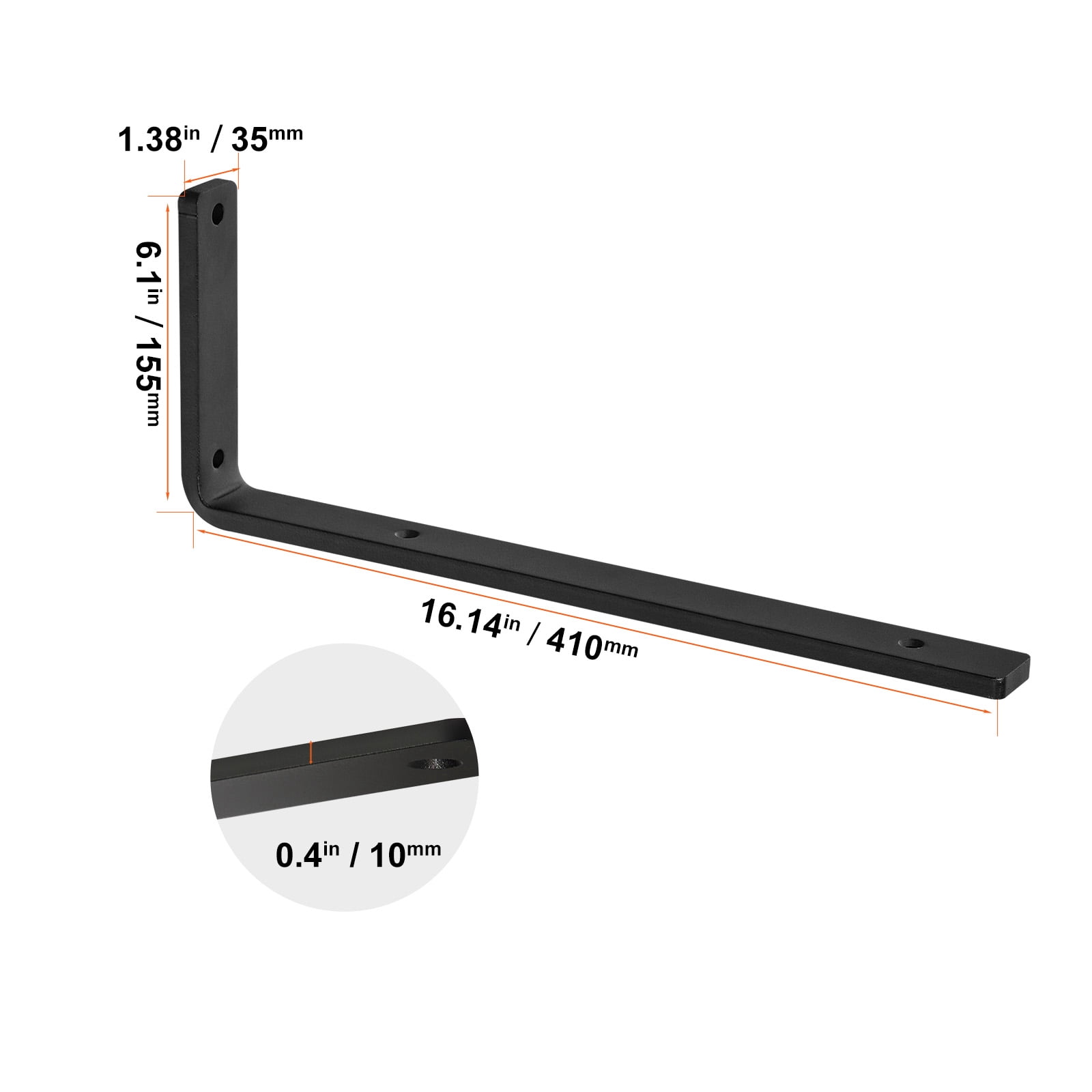 VEVOR Shelf Bracket, 16 x 6 in 4 Pcs, Heavy Duty Floating Shelf Brackets, Brackets for Shelves, 10mm Thick Matte Black L Shelf Bracket,Steel Shelving Brackets with 160 lbs Load Capacity