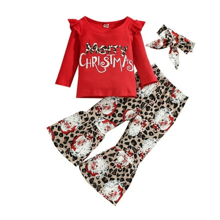 

Youmylove Xmas Toddler Kids Infant Newborn Baby Girls Long Ruffled Sleeve Letter Ribbed Tops Cute Cartoon Printed Bell Bottomed Pants With Headbands Christmas Outfits Set 3PCS For Autumn Cute Clothing