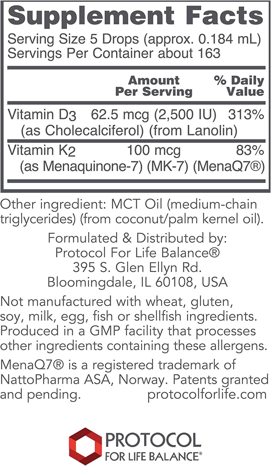 Protocol For Life Balance - Liquid D3 and MK-7 - 2500IU Vitamin D3 and 100mcg Vitamin K2, Helps Support Bone and Cardiovascular Health - 1 fl oz