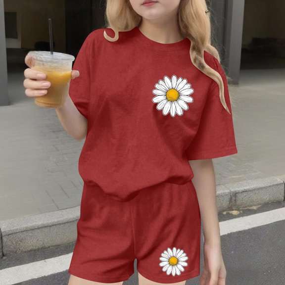 Spazoro Toddler Girls 2PC Outfit Set, Casual Flower Print Short Sleeve T-Shirt & Shorts Summer Clothes Set for Kids Red Size 3-4