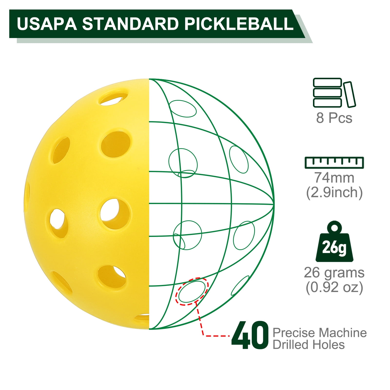 Uxcell 40 Holes Outdoor Pickleball Balls USA Pickleball Pickleball Ball for Amateurs, Yellow 8 Pack