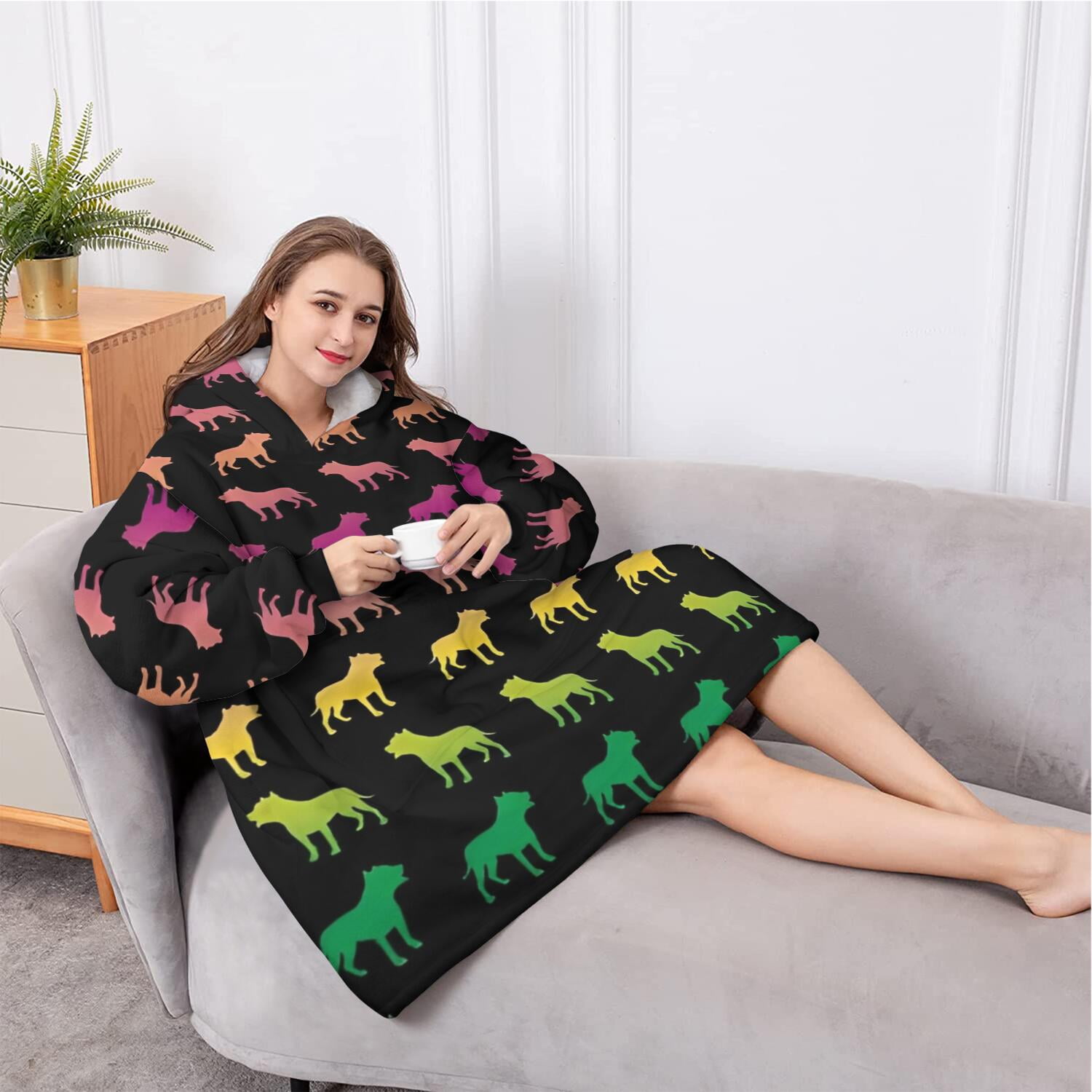 Oversized Wearable Blanket Hoodie,Rainbow Puppy Sherpa Blanket Hoodie with Super Pockets,Super Warm Fuzzy Pullover for Women & Men