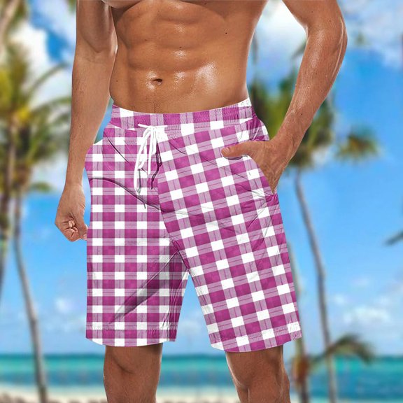 Ceisia Mens Plaid Print Swim Trunks Elastic Waist Drawstring Pockets Quick Dry Beach Shorts Summer Bottoms Pink XXXXXL Gifts for Father