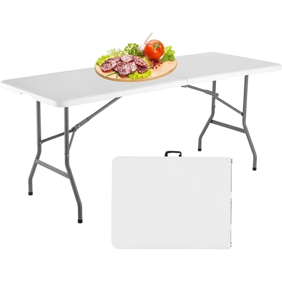 6 Foot Outdoor Dining Table, Foldable Portable Rectangular Plastic Folding Table with Built in Carrying Handle for Party Wedding BBQ Use - White