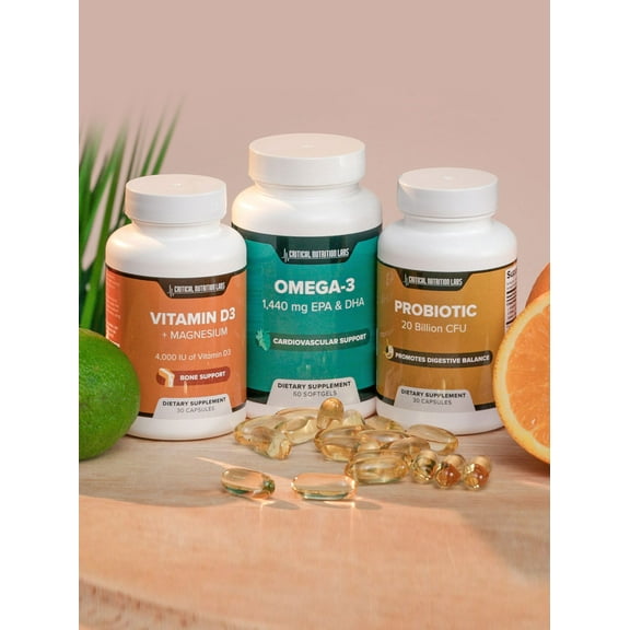 Critical Nutrition Labs Critical Health Stack — 3-Bottle Bundle: Probiotic   Omega-3   Vitamin D3/Magnesium Support* — Foundational Wellness Pack (1-Month Supply)