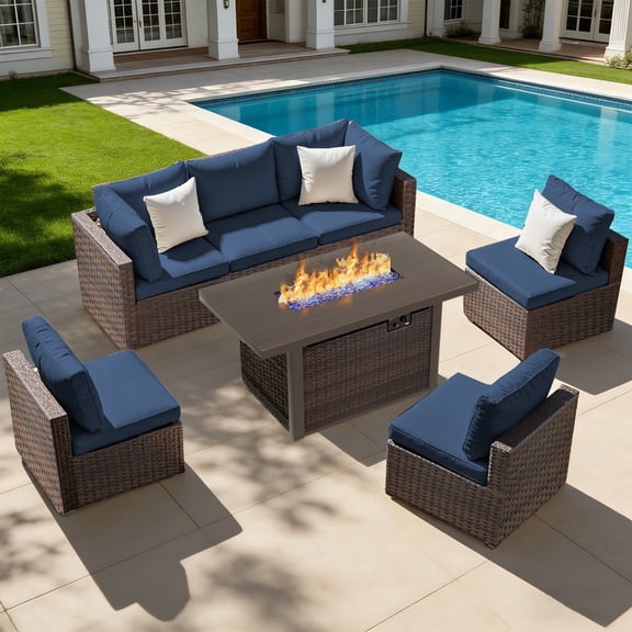 TANGJEAMER 7 Piece Patio Furniture Set with Fire Pit Table, All Weather Outdoor Sectional PE Rattan, Patio Conversation Sets with Cushions for Garden Lawn Balcony(Blue)