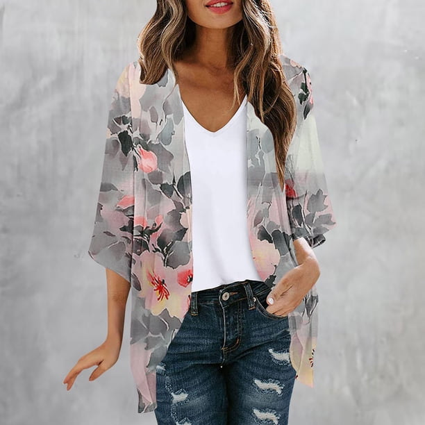 Blusa informal con estampado de manga larga para mujer, estilo cárdigan, de poliéster