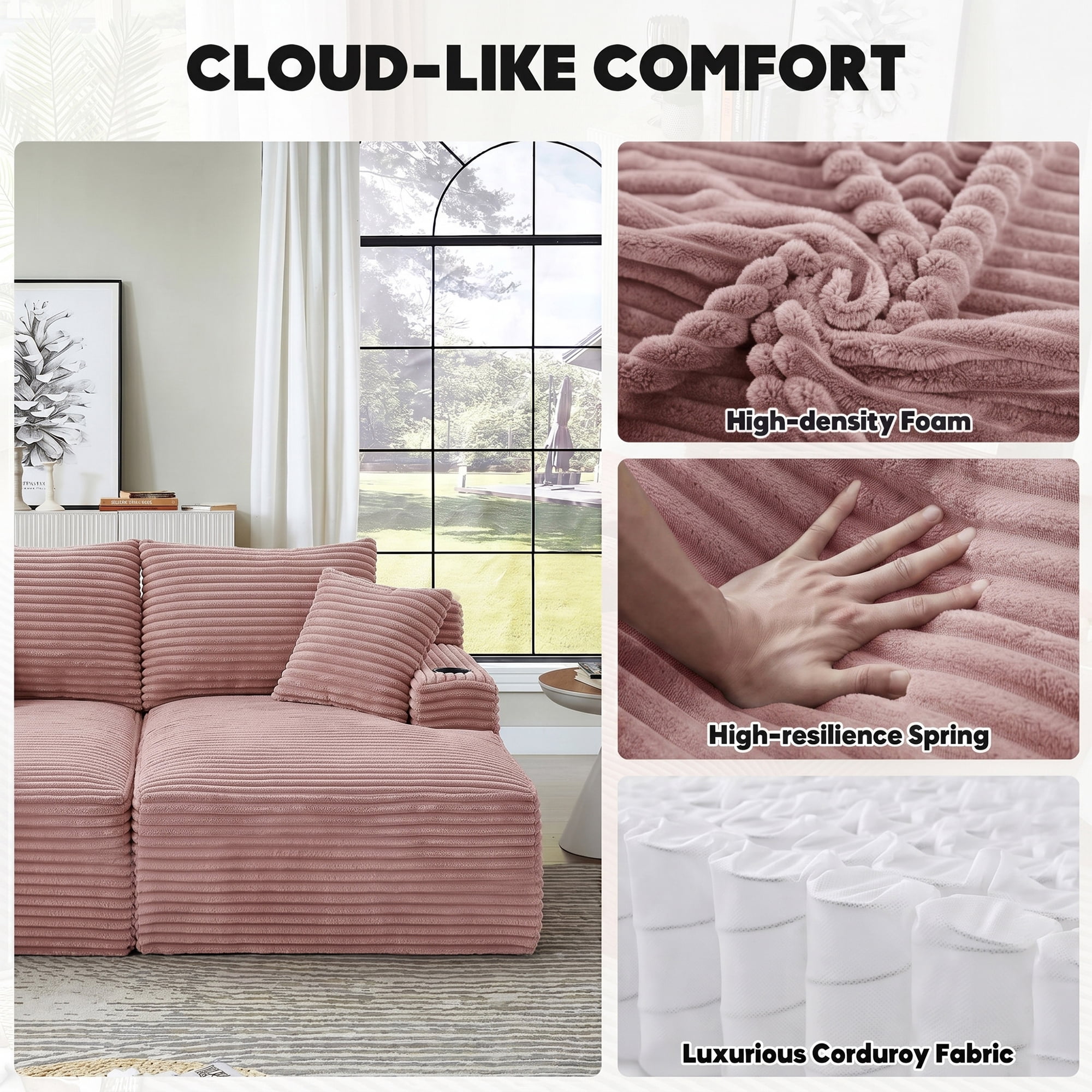 Aukfa 69" Oversized Double Chaise Lounge Boneless Couch Modular Loveseat Sleeper Sofa Bed for Living Room, 2 Cup Holders, Corduroy, Pink