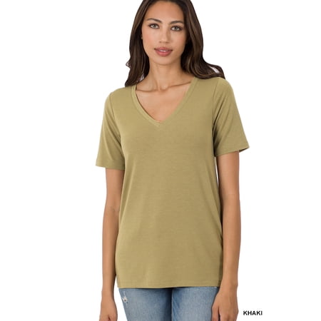 Zenana Women & Plus Relaxed Fit V-Neck Short Sleeve Basic Jersey T-Shirt Tops price history on PriceWatchPro