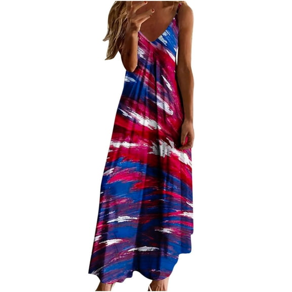 OAVQHLG3B American flagSummer Dress for Women 4th of July Outfits for Women Sling Mid-waist V-neck Sleeveless Stripe Printing Slim Beach Long Dress
