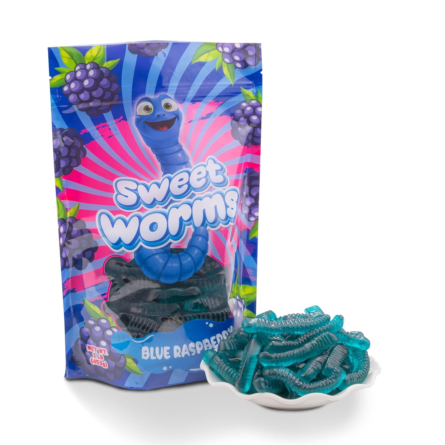 FirstChoiceCandy Sweet & Sour Gummy Worms, Multi Flavors and Solid Colors (1 Pound, Blue Raspberry)