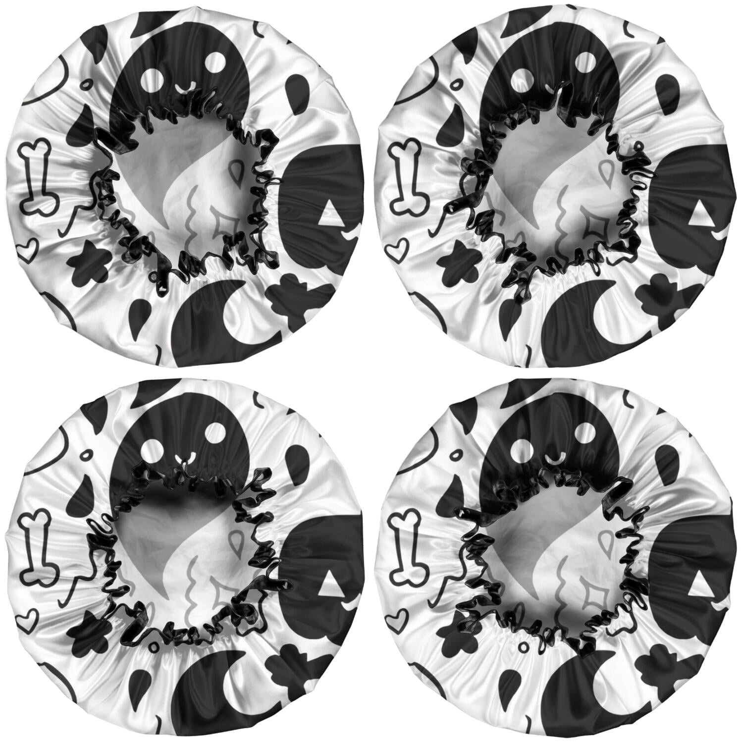 Shower Caps,Black and White Halloween Doodle Pattern Waterproof Shower Cap for Women 4 Pieces,Double Reusable Hair Cover for Shower PEVA Elastic Stretch Hem