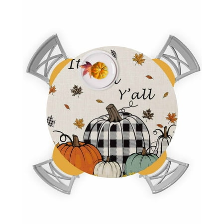 

Round Tablecloth with Elastic Thanksgiving Fall Funny Pumpkin Linen Texture Waterproof Stain-proof Table Cover Wipeable Fitted Table Cloths for 45 -54 Round Tables Dining Kitchen