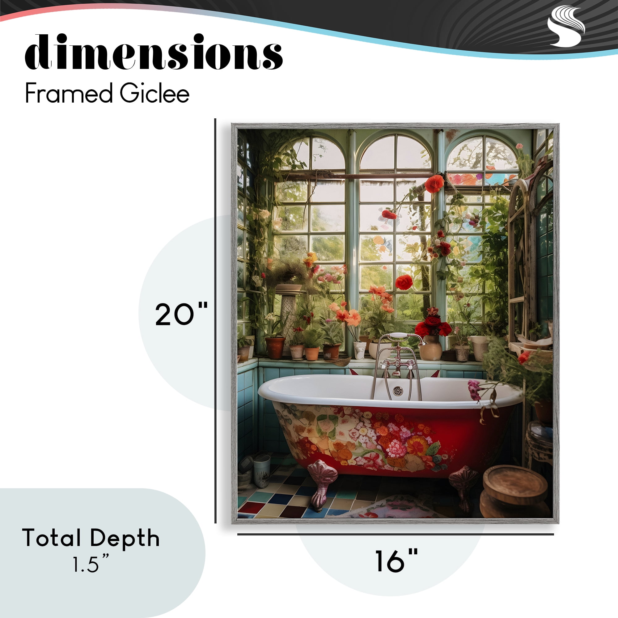 Floral Sunroom Tub Gray Framed Giclee Art, design by Lettered and Lined