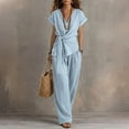 thumbnail image 2 of Women's Linen Cotton 2 Piece Pants Sets Dressy Front Twist Knot Short Sleeve Blouse Wide Leg Business Casual Outfits Light Blue XXL, 2 of 4