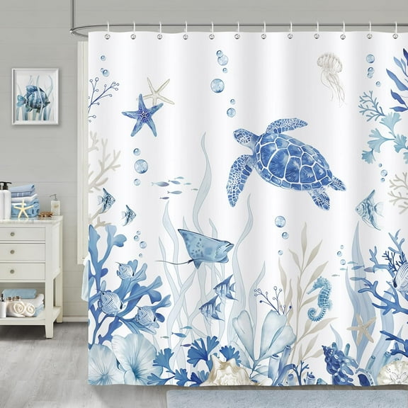 Nautical Coastal Shower Curtain, Blue Ocean Turtle Starfish Seashell Beach Bathroom Decor 72 x 72 Inch Polyester Fabric Waterproof Bath Curtain with 12 Hooks