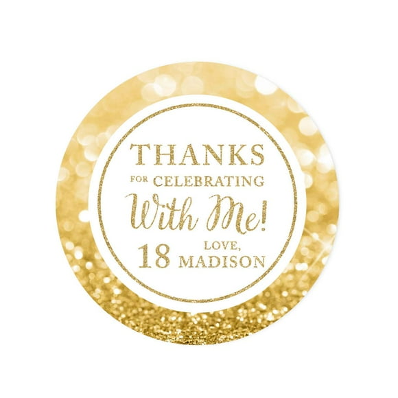 Andaz Press Personalized Glitzy Faux Gold Glitter Round Sticker Labels, Thanks for Celebrating with Me 18, 18th Birthday or Anniversary, 40-Pack, Custom Name