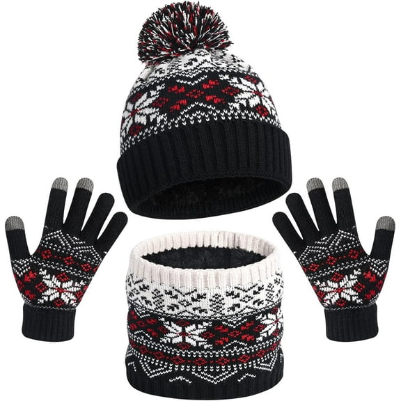 Kids Winter Knit Beanie Hat Scarf Gloves Set for Toddler Girls Boys with Pompom,Child Fleece Lining Hat Scarf Gloves