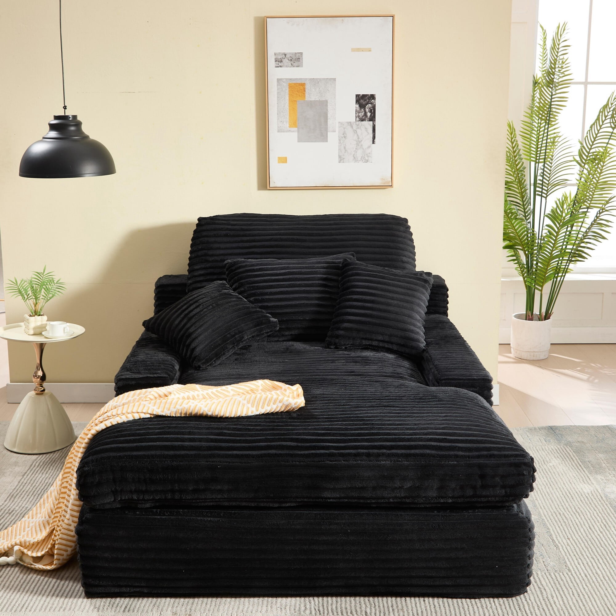 DEALTOPS Oversized Corduroy Chaise Lounge Sofa, 75.2" Upholstered Couch with Pillows for Living Room & Bedroom, Black