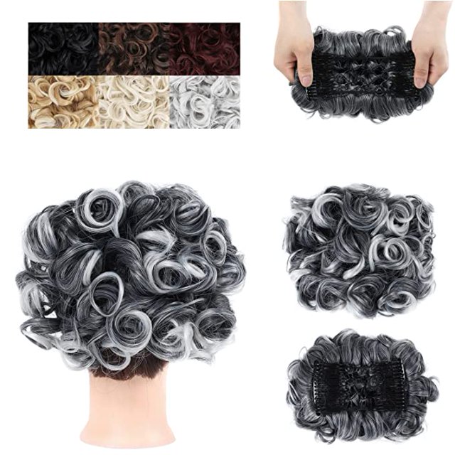 Peignes Chignons Pièce de Cheveux Plat Bouclé Chouchous Synthétiques Extensions de Cheveux Pince en Queue de Cheval Postiches pour Femmes (Noir Pointe Gris -#115)