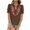 thumbnail image 2 of Inverlee Womens Cotton Linen Split V Neck Puffed Short Sleeve Moxican Tops Trendy Floral Embroidered Dot Tshirts Summer Breathable Lightweight Beach Blouse, 2 of 8