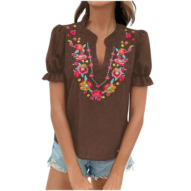 Vestidos Casuales Para Mujer, Blusas De Mujer De Moda Suéter de manga corta con cuello en V y bordado de lino sintético para mujer, top de moda