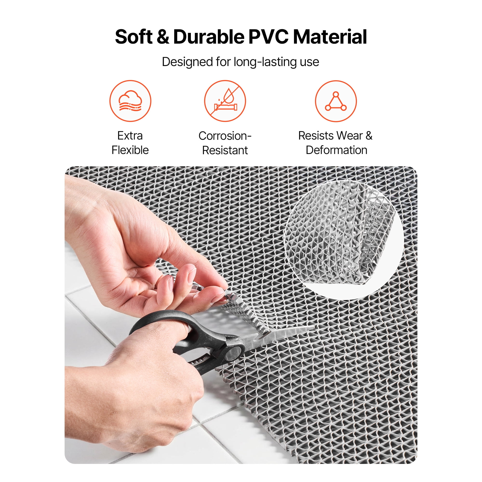 KFFKFF Drainage Mat, 3 x 16.4 ft, PVC Non-Slip Floor Mat for Wet Areas, Hollow Design Doormat Roll for Indoor and Outdoor Use in Restaurants, Pools, Patios, Bathrooms, and Washrooms, Gray