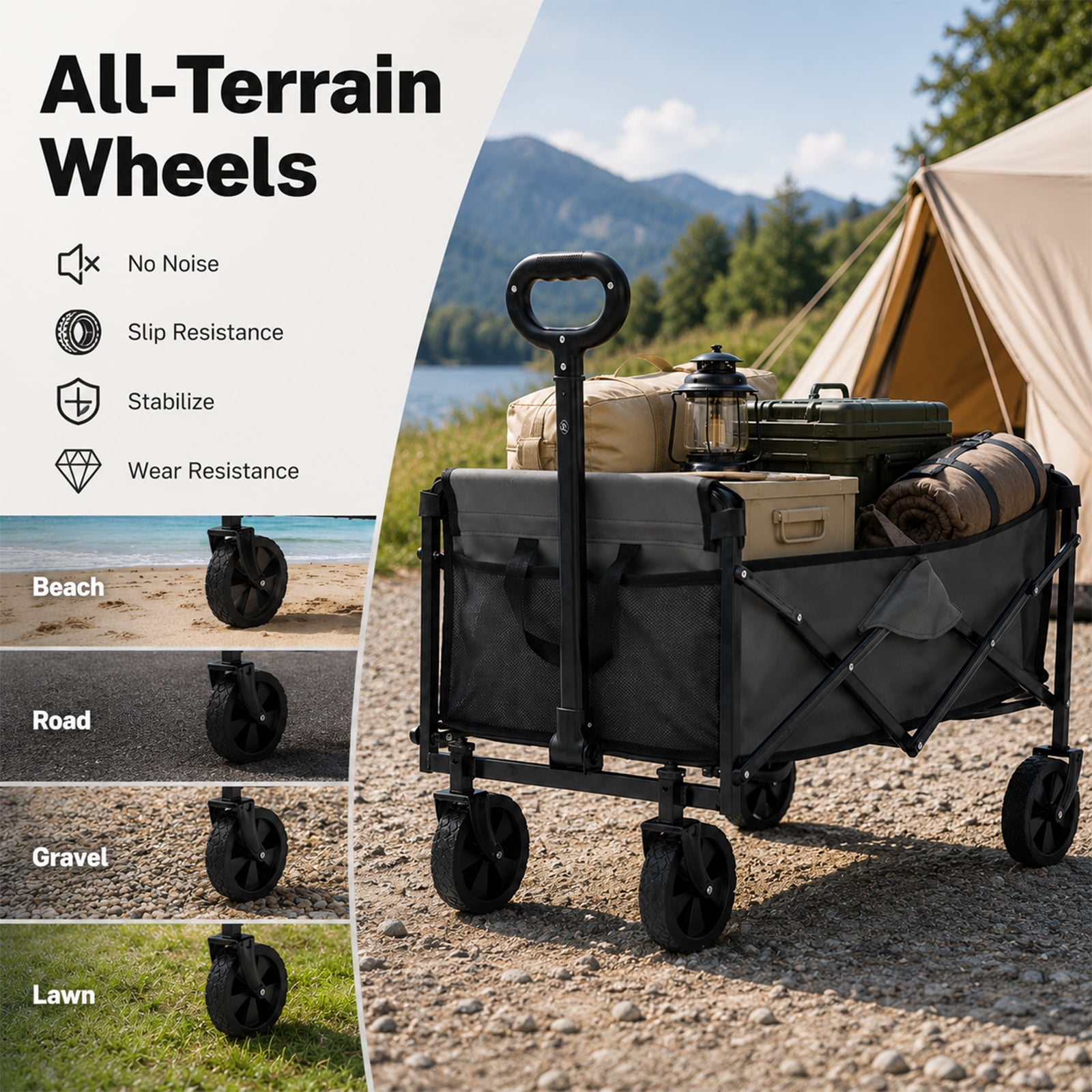 Alvantor Wagons Carts Foldable, 102L 330LBS Capacity Heavy Duty Collapsible Cart with All-Terrain Wheels for Camping Beach Shopping Garden