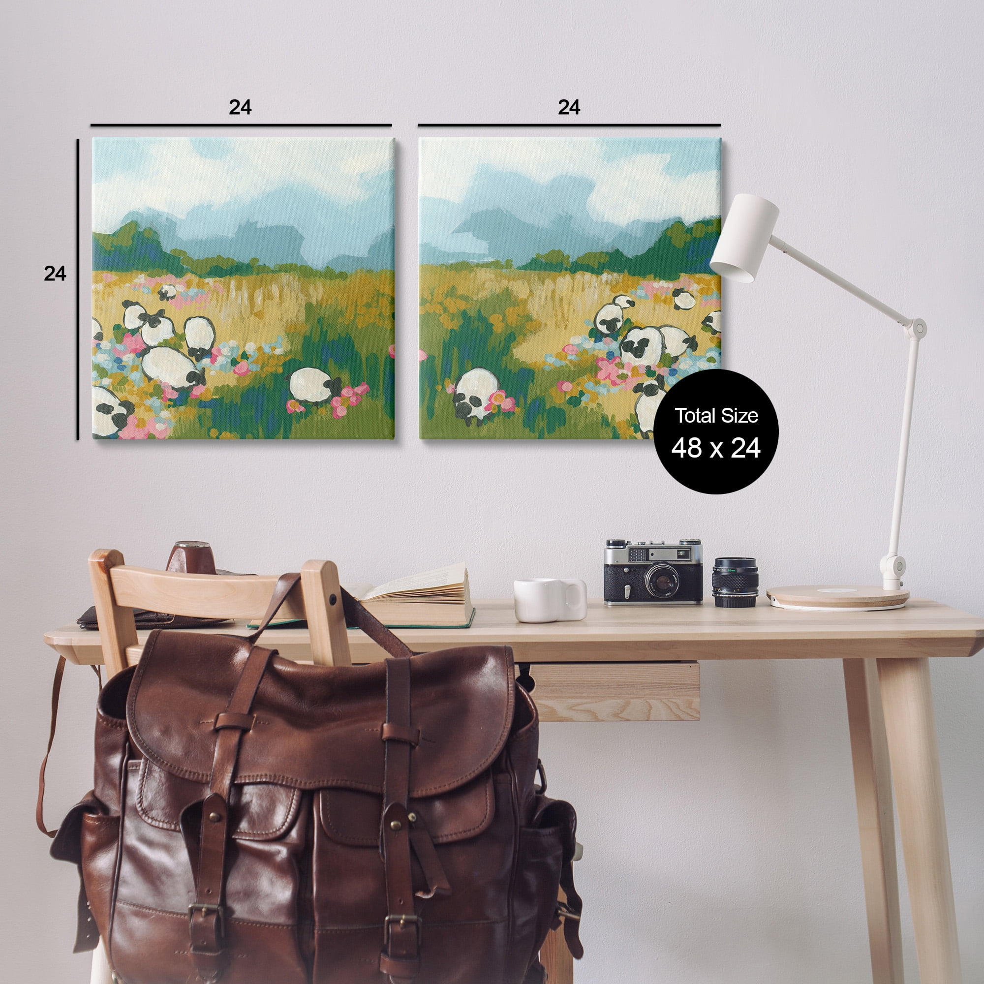 Stupell Industries Scattered Sheep in Field Landscape Painting Gallery Wrapped Canvas Art Print Wall Art, 24 x 24, Set of 2