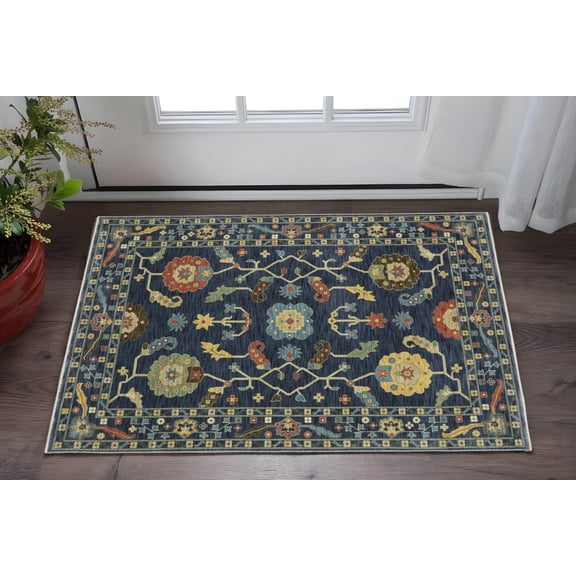 3' X 5' Blue And Gold Oriental Area Rug With Fringe