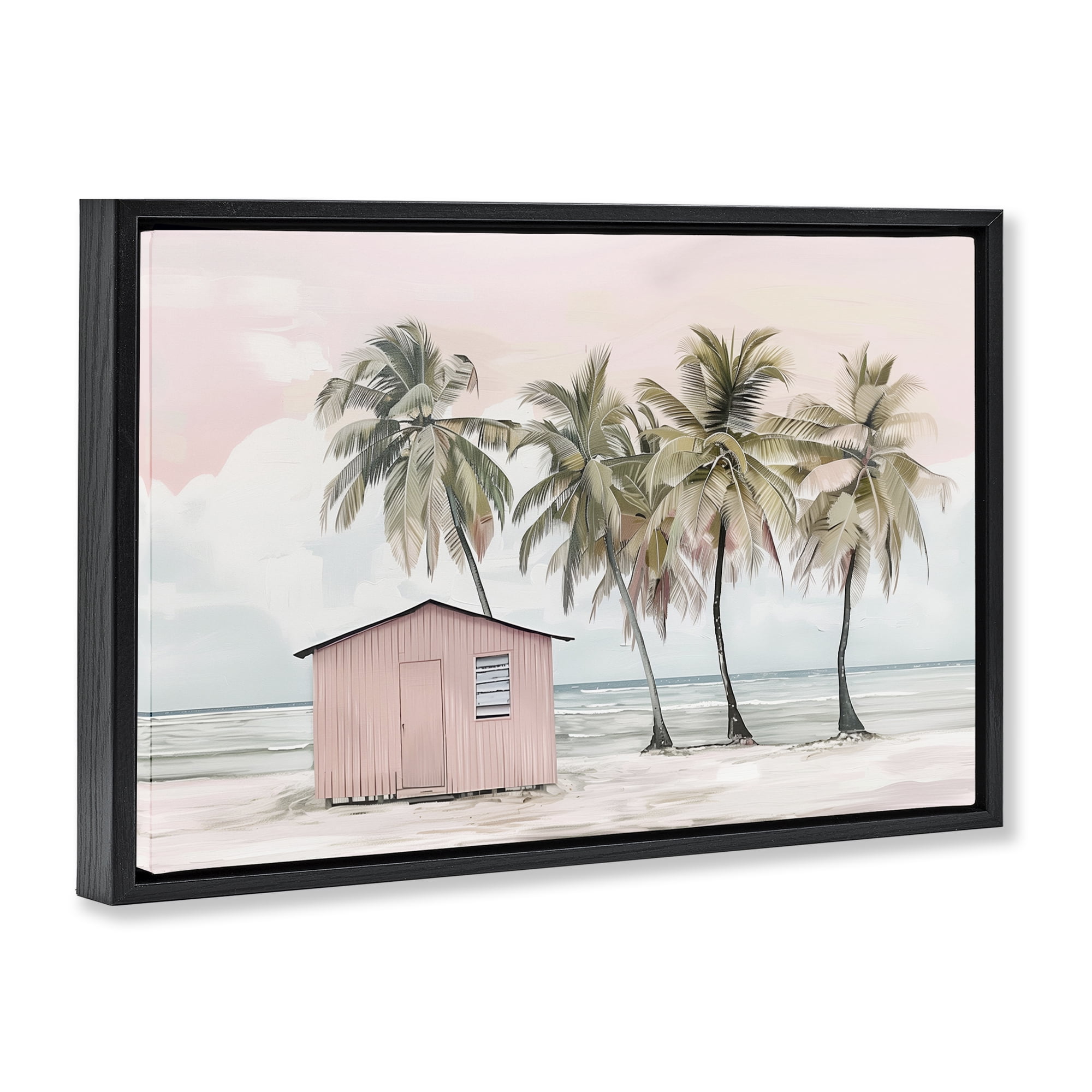 Stupell Industries Pink Beach Hut & Palms Nautical & Beach Painting Black Floater Framed Canvas Art Print Wall Art, 31 x 21