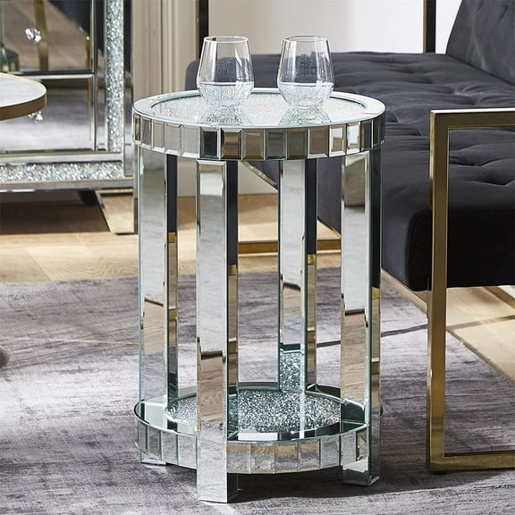 24" Tall Round Table Corner Table Silver Side Table Glass Mirror End Table Accent Table Mirrored Diamond Crush Mirrors Furniture
