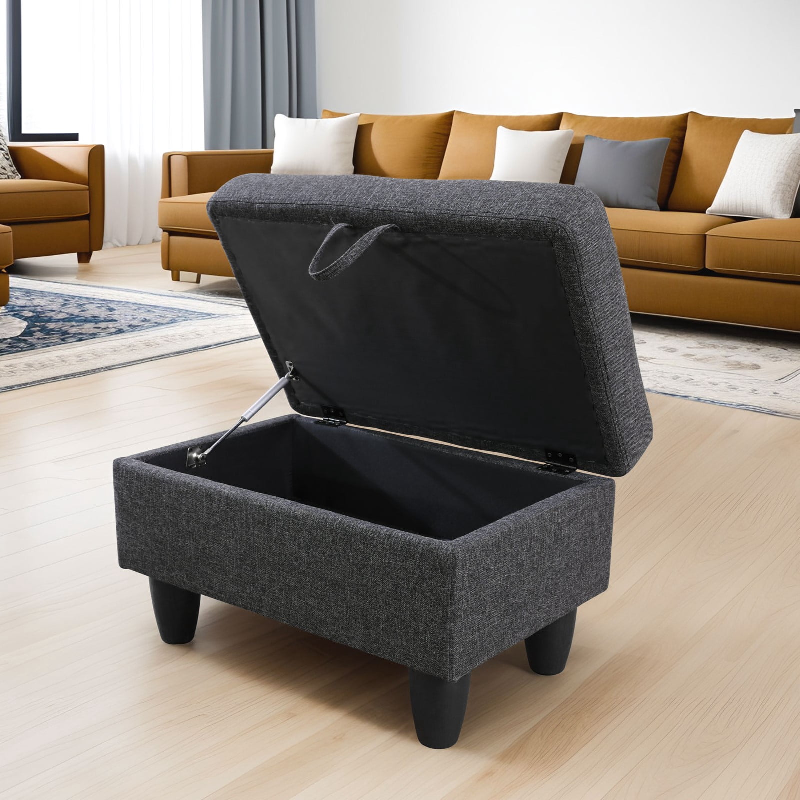 Gewnee 28.5" Storage Ottoman Bench Linen Upholstered for Living Room Bedroom Entryway Dark Gray