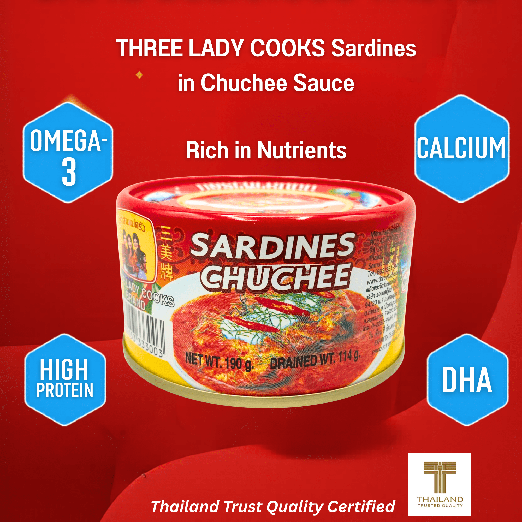 (6 pack) THREE LADY COOKS Canned Sardines in Chuchee Sauce, Thai Curry Style, 6.7 oz, Wild Caught, Ready-to-Eat Thai Canned Seafood