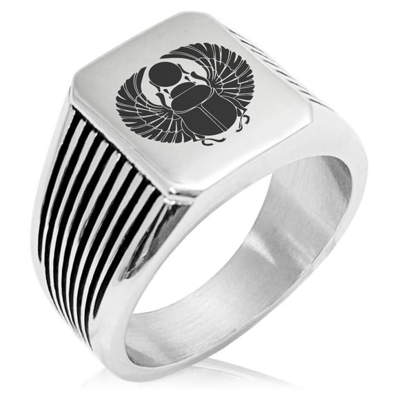 Stainless Steel Scarab Beetle Rising Sun Needle Stripe Pattern Biker Style Polished Ring