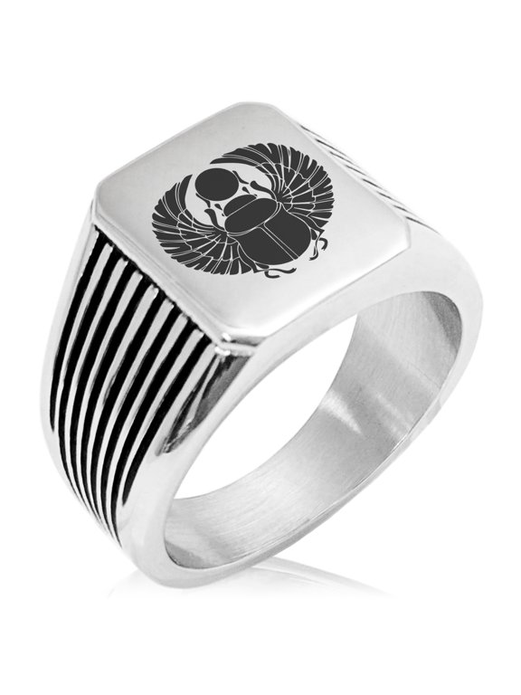 Stainless Steel Scarab Beetle Rising Sun Needle Stripe Pattern Biker Style Polished Ring