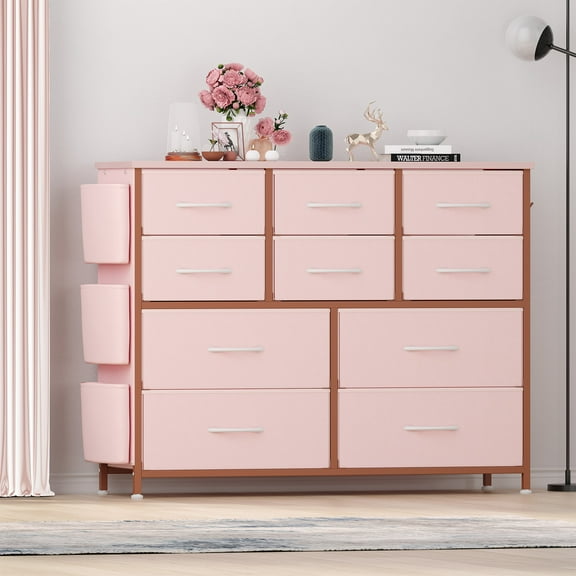 Twister.CK 10 Drawer Dresser Chest of Drawers, Fabric Storage Organizer Drawers, with Side Pockets & Hooks for for Bedroom Living Room Entryway Nursery, Pink