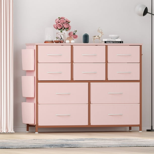 Cómoda con 10 cajones para dormitorio y sala, organizador de almacenamiento con tela, tapa de madera, bolsillos laterales y ganchos, rosa