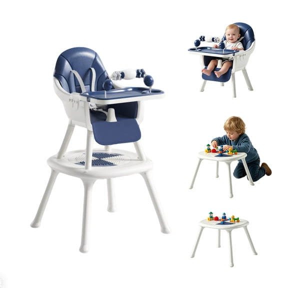 Convertible 4-in-1 Baby High Chair with Block Table, Infant to Toddler Feeding Chair with Play Tray & Built-in Toys, Removable PU Cushion, Easy to Clean Dining & Activity Chair–Blue
